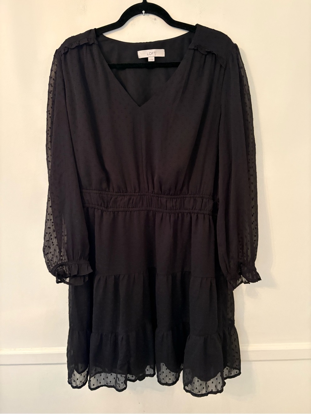 Loft Women’s Black Dot Swiss,Long Sheer Sleeves-Elastic Waist - Sz 14